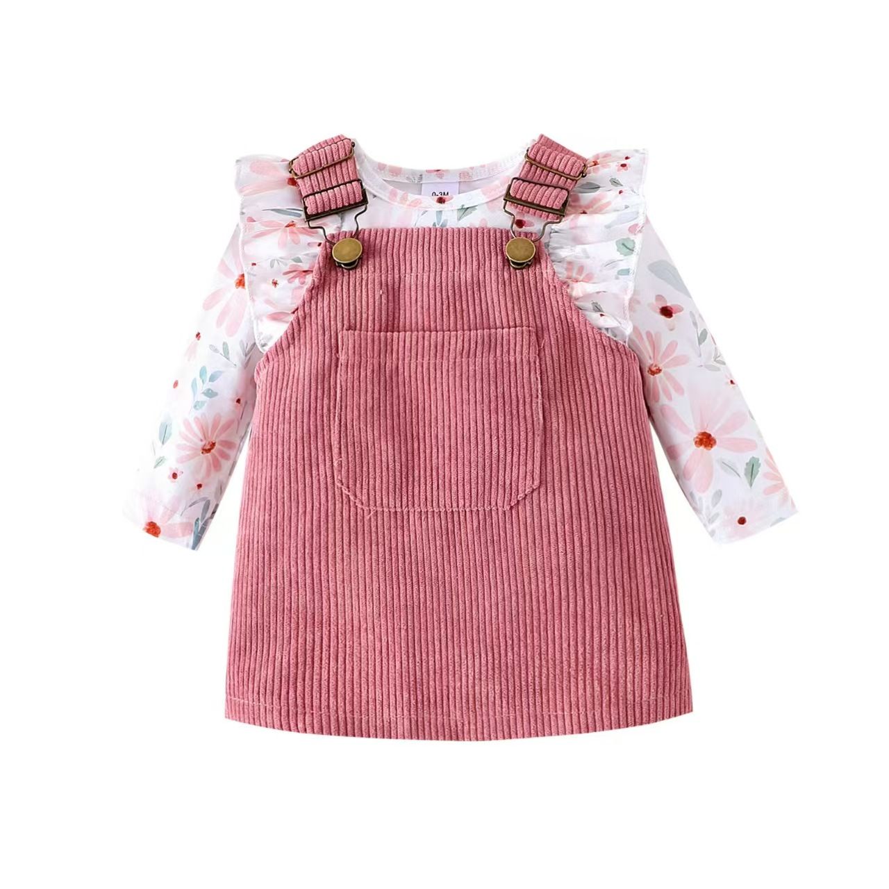 Newborn Baby's Clothes Girls Outfits Sweet Style Long Sleeve Round Collar Kids Romper Front Pocket Suspender Skirt Headwear Set