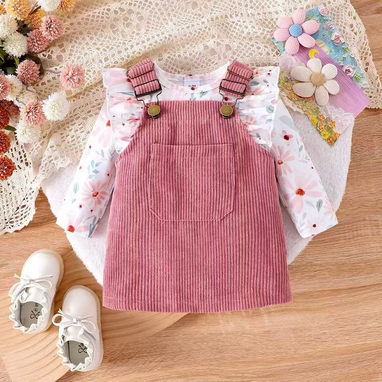 Newborn Baby's Clothes Girls Outfits Sweet Style Long Sleeve Round Collar Kids Romper Front Pocket Suspender Skirt Headwear Set