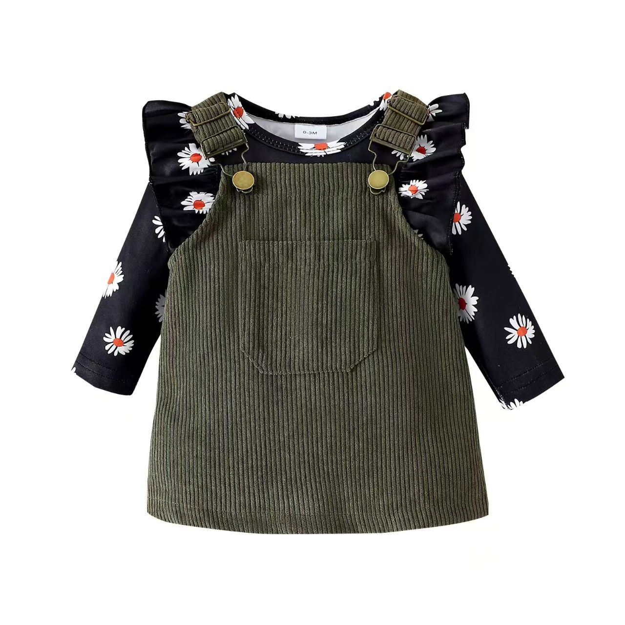 Newborn Baby's Clothes Girls Outfits Sweet Style Long Sleeve Round Collar Kids Romper Front Pocket Suspender Skirt Headwear Set