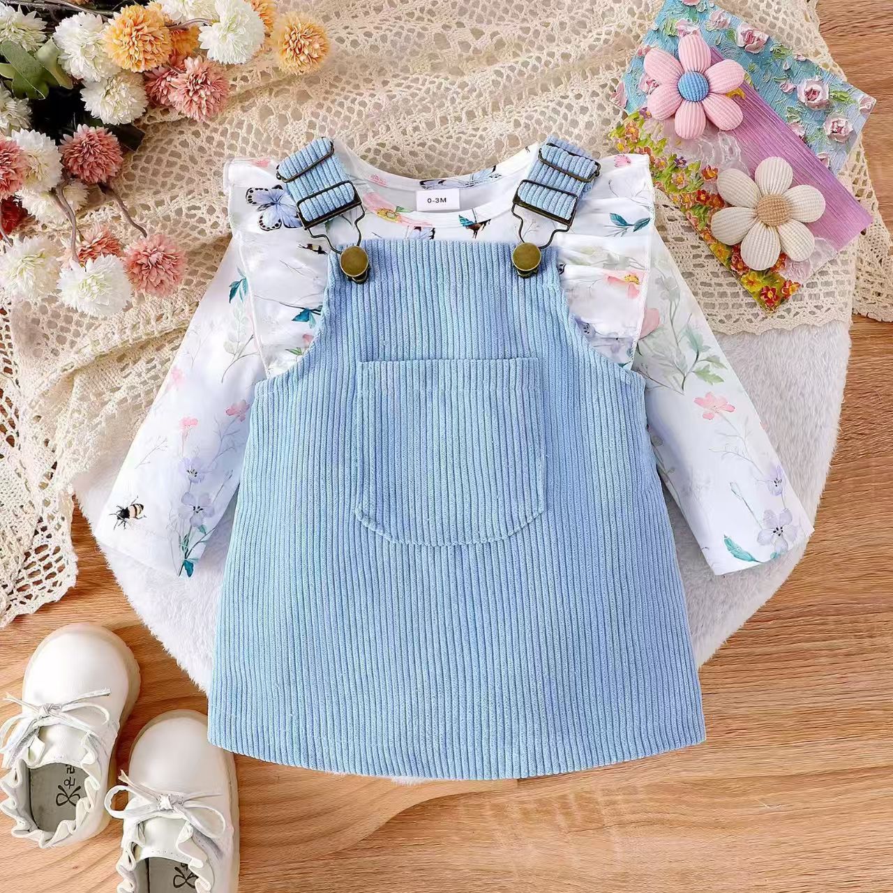 Newborn Baby's Clothes Girls Outfits Sweet Style Long Sleeve Round Collar Kids Romper Front Pocket Suspender Skirt Headwear Set