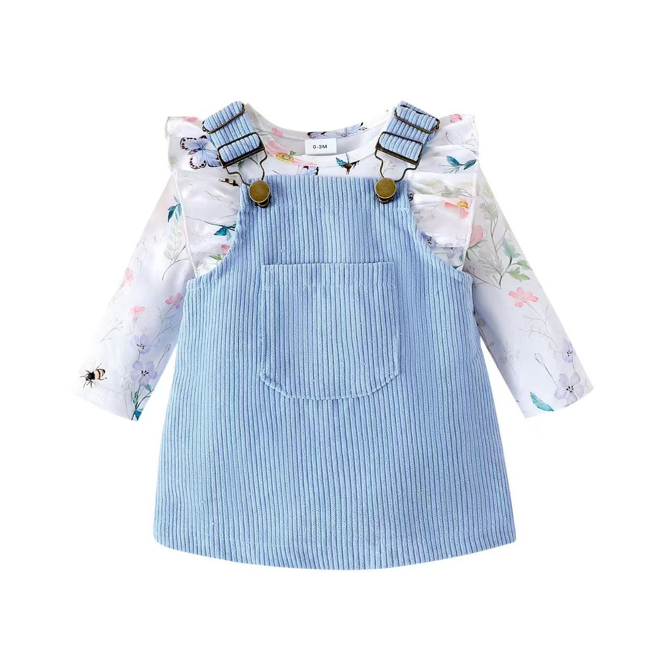 Newborn Baby's Clothes Girls Outfits Sweet Style Long Sleeve Round Collar Kids Romper Front Pocket Suspender Skirt Headwear Set