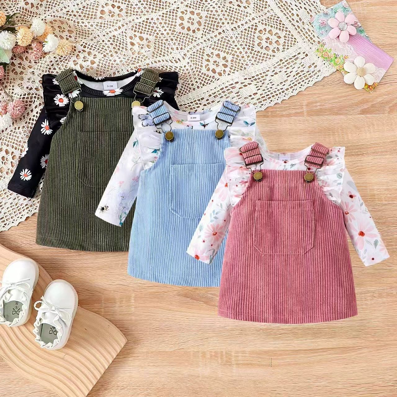 Newborn Baby's Clothes Girls Outfits Sweet Style Long Sleeve Round Collar Kids Romper Front Pocket Suspender Skirt Headwear Set