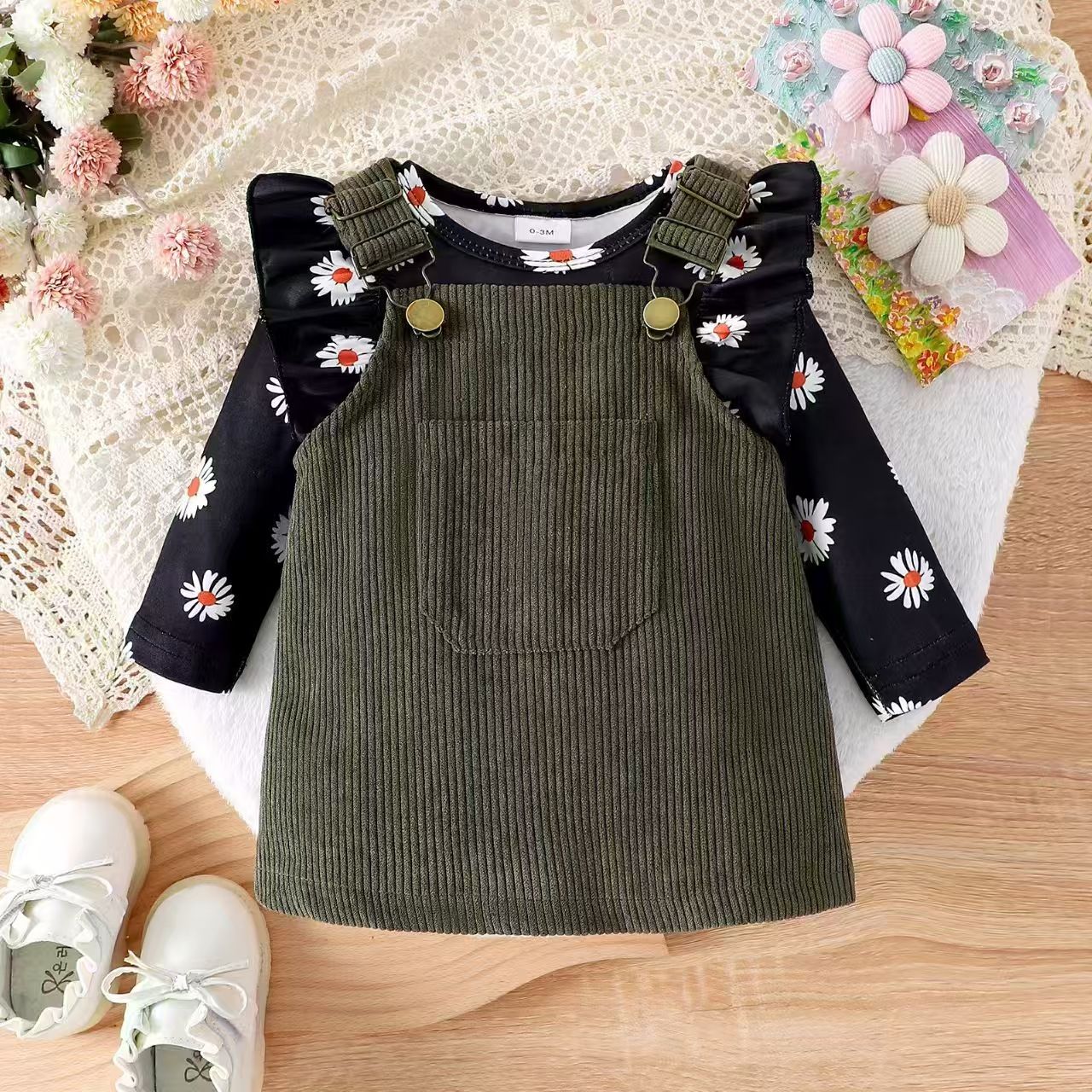 Newborn Baby's Clothes Girls Outfits Sweet Style Long Sleeve Round Collar Kids Romper Front Pocket Suspender Skirt Headwear Set