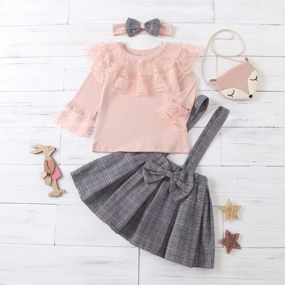 New product Children's clothing set Girls Butterfly tie hair band Lace lace top Checkered straps and skirt pants Three piece set