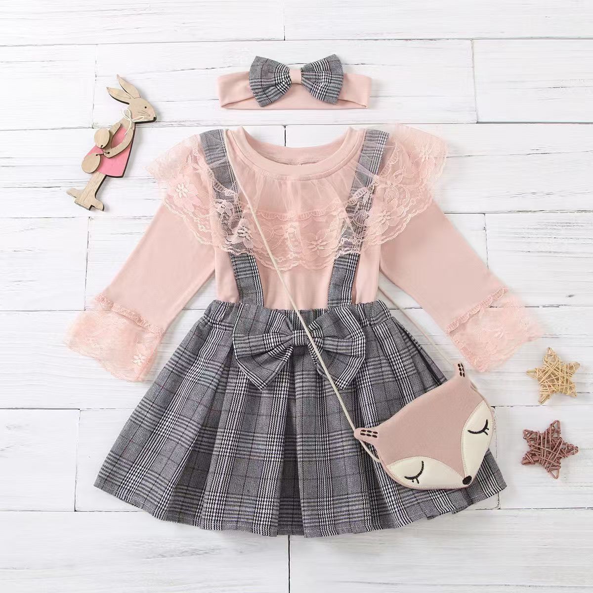 New product Children's clothing set Girls Butterfly tie hair band Lace lace top Checkered straps and skirt pants Three piece set