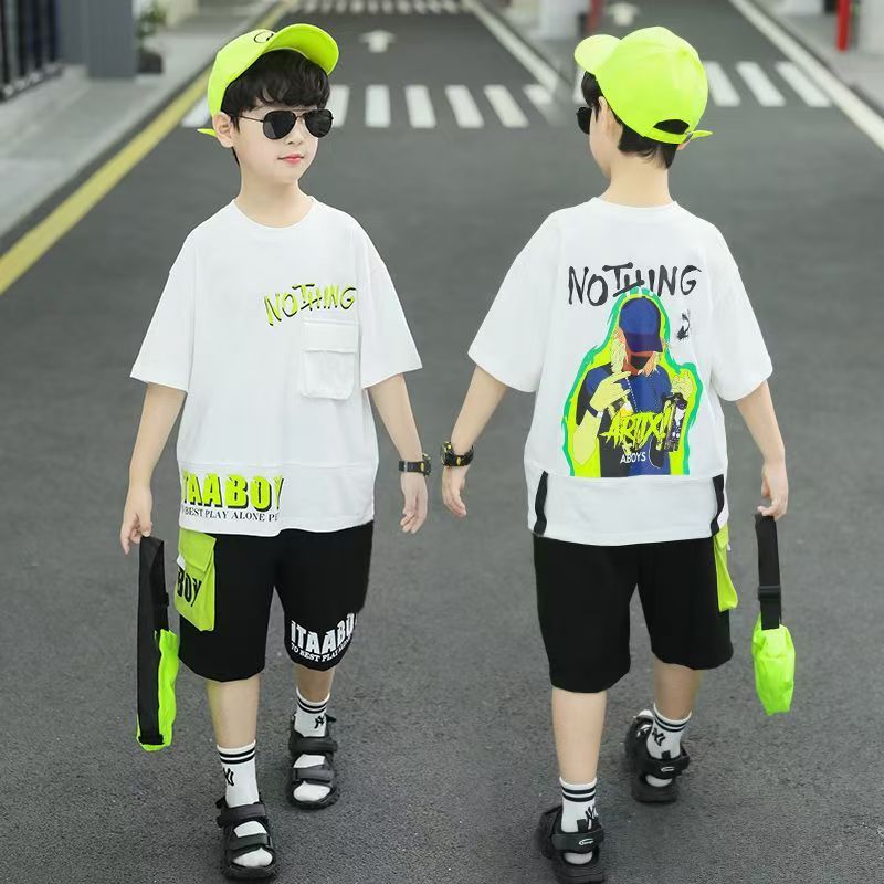 New Boys Clothes Sets Summer  Short Sleeve Sweatshirt + Pants 2PCS Kids Clothing Children Outfits Teenage 4 6 8 10 12 Years