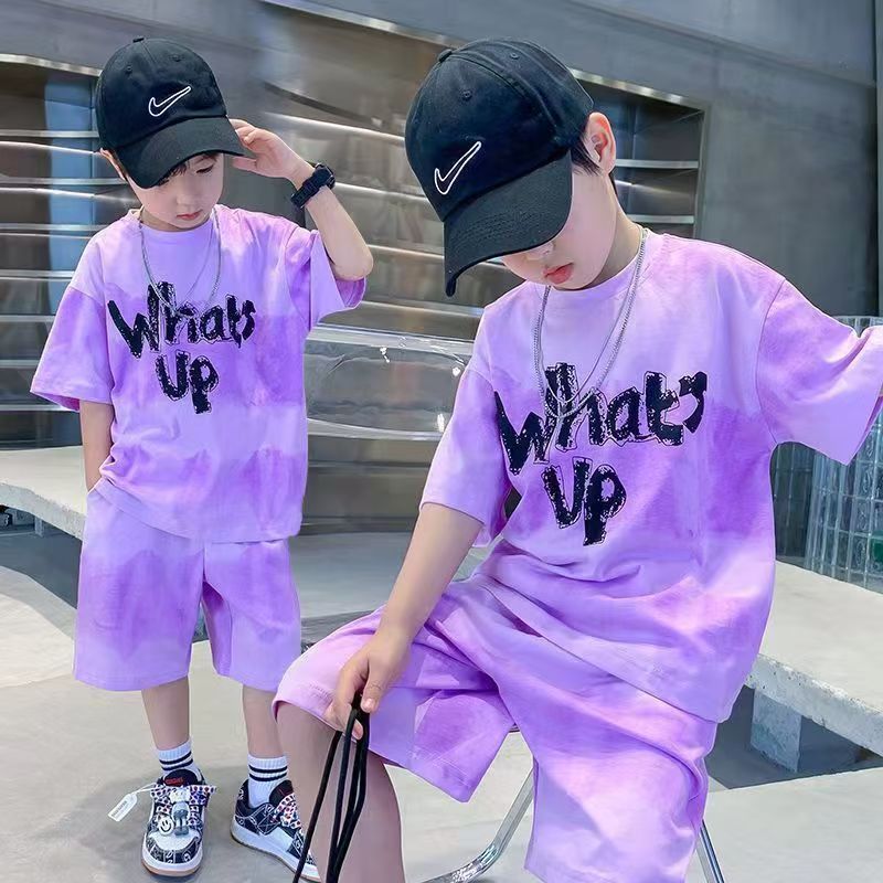 Boys' suit summer clothes new medium children's tie-dye short-sleeved top five hair pants western style sports clothes two-
