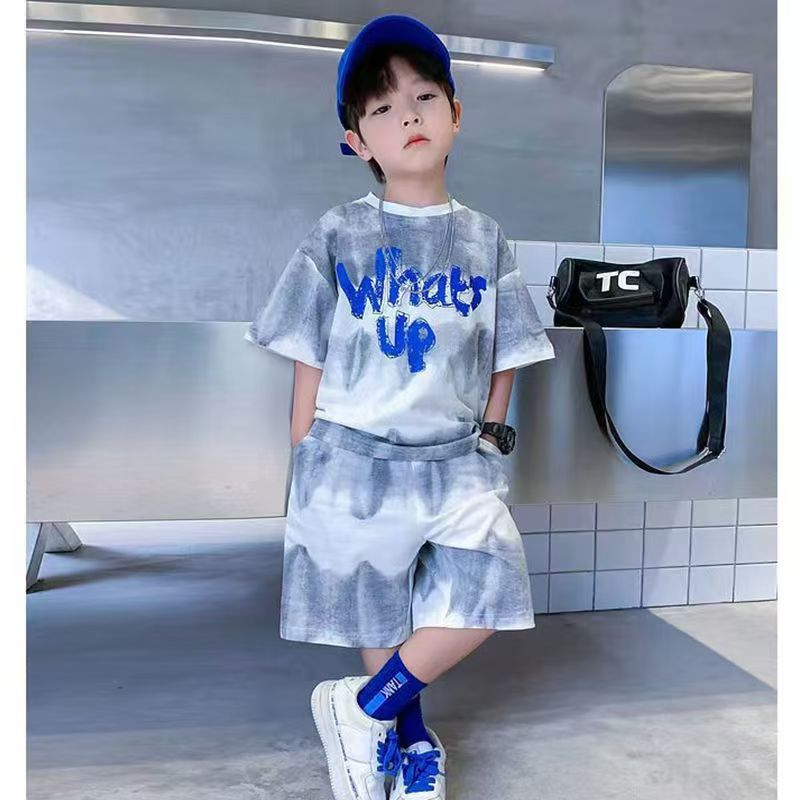 Boys' suit summer clothes new medium children's tie-dye short-sleeved top five hair pants western style sports clothes two-