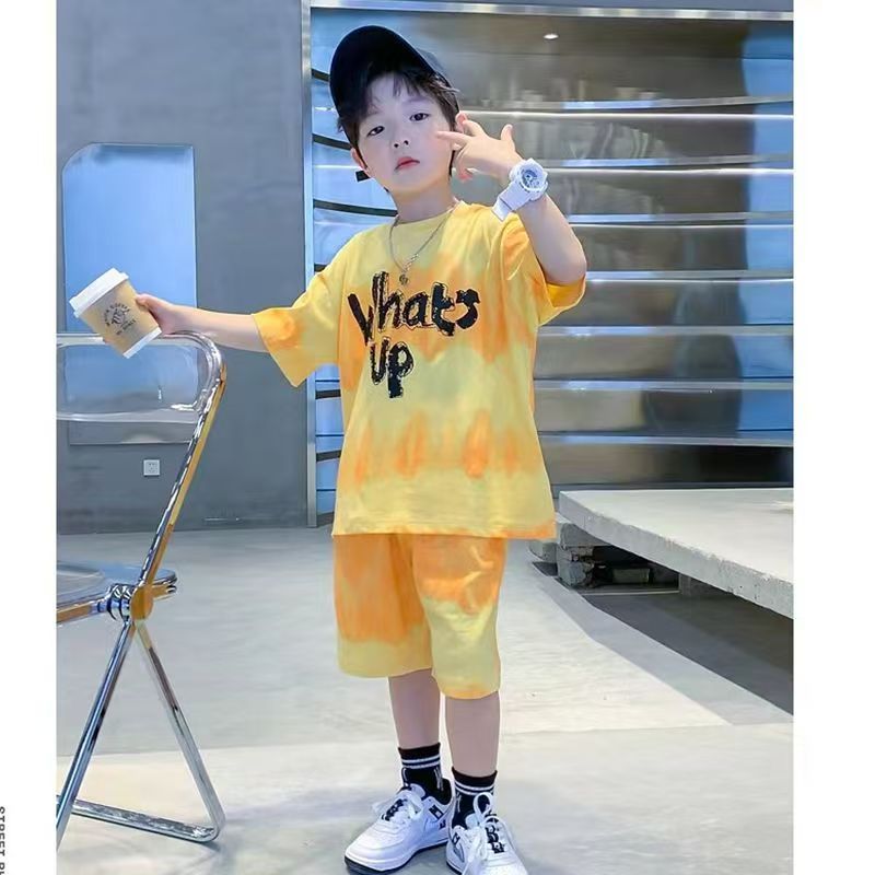 Boys' suit summer clothes new medium children's tie-dye short-sleeved top five hair pants western style sports clothes two-