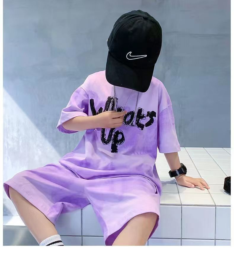 Boys' suit summer clothes new medium children's tie-dye short-sleeved top five hair pants western style sports clothes two-