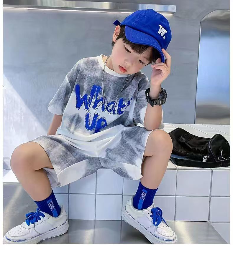 Boys' suit summer clothes new medium children's tie-dye short-sleeved top five hair pants western style sports clothes two-