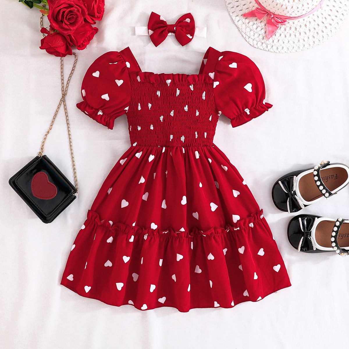 New Summer Dress Toddler Kids Baby Girls Lovely Birthday Clothes red Striped Off-shoulder Ruffles Party Gown Dresses+Hair accessories