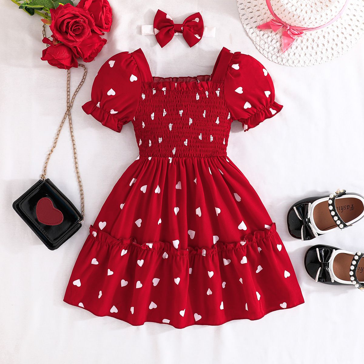 New Summer Dress Toddler Kids Baby Girls Lovely Birthday Clothes red Striped Off-shoulder Ruffles Party Gown Dresses+Hair accessories