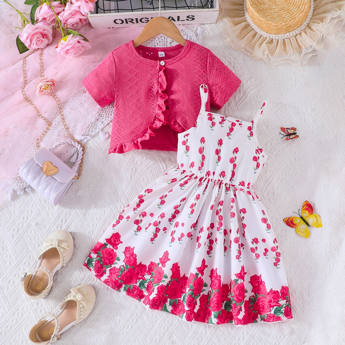 New Cute Lady Jacquard Children's Dress Short Coat+Rose Pattern Skirt Strap Skirt Summer New Girls' Dress