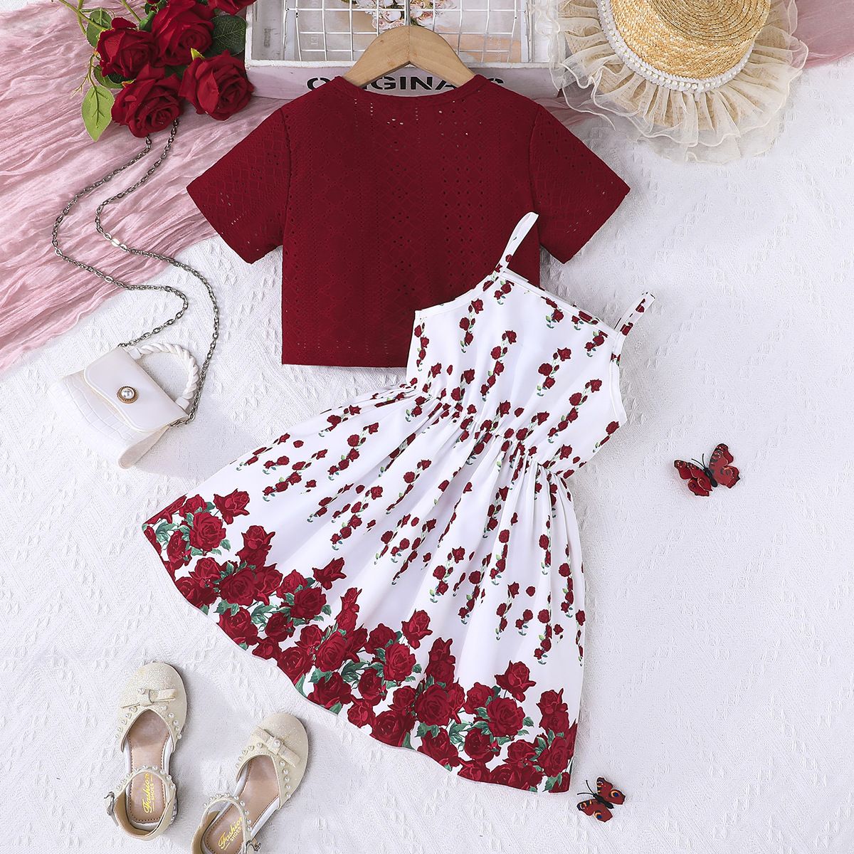 New Cute Lady Jacquard Children's Dress Short Coat+Rose Pattern Skirt Strap Skirt Summer New Girls' Dress