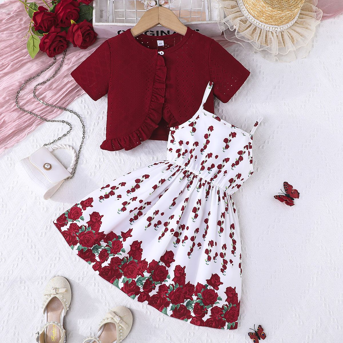 New Cute Lady Jacquard Children's Dress Short Coat+Rose Pattern Skirt Strap Skirt Summer New Girls' Dress