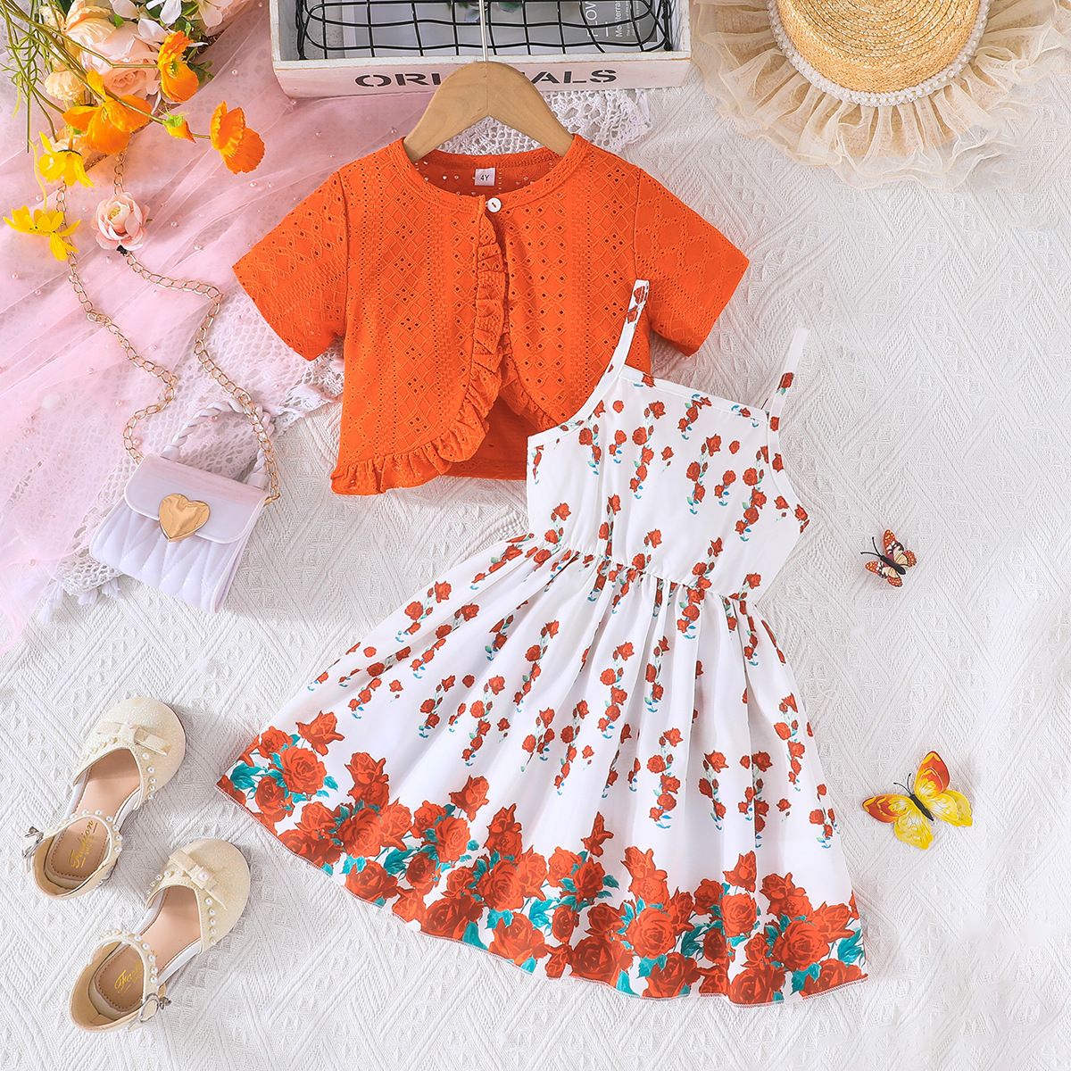 New Cute Lady Jacquard Children's Dress Short Coat+Rose Pattern Skirt Strap Skirt Summer New Girls' Dress