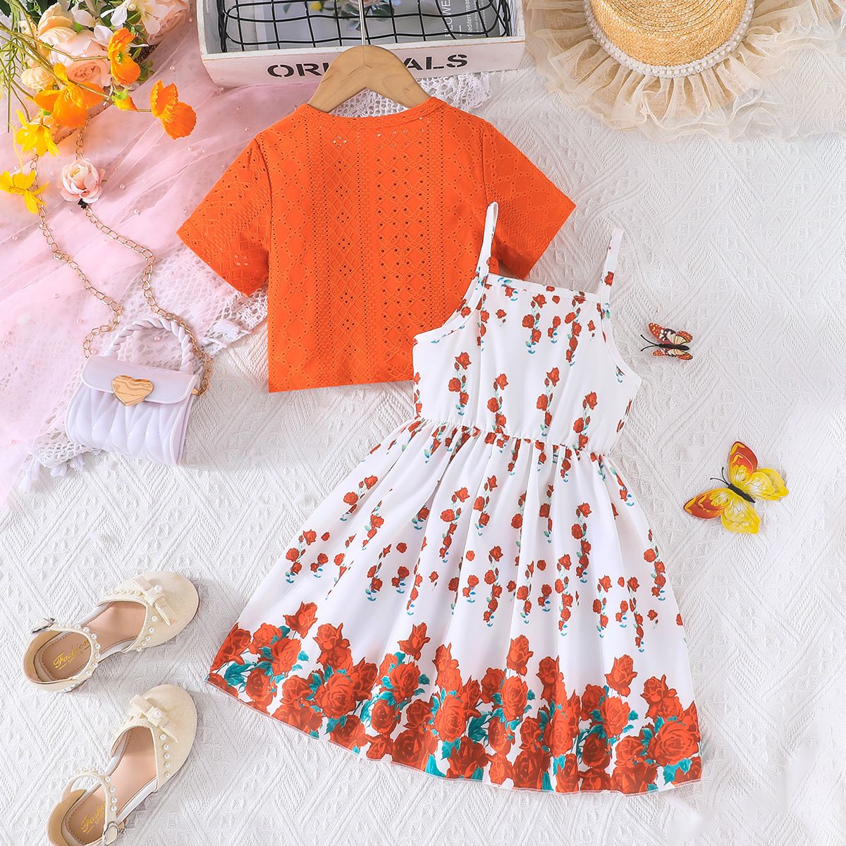 New Cute Lady Jacquard Children's Dress Short Coat+Rose Pattern Skirt Strap Skirt Summer New Girls' Dress