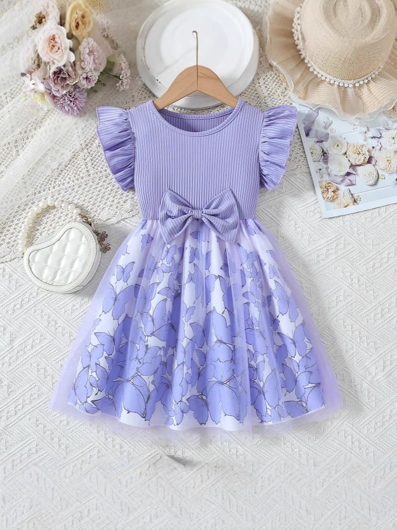 Girls' Summer Style Flying Sleeve Fake Two Piece Bow Printed Splicing Fashion Girls' Dress