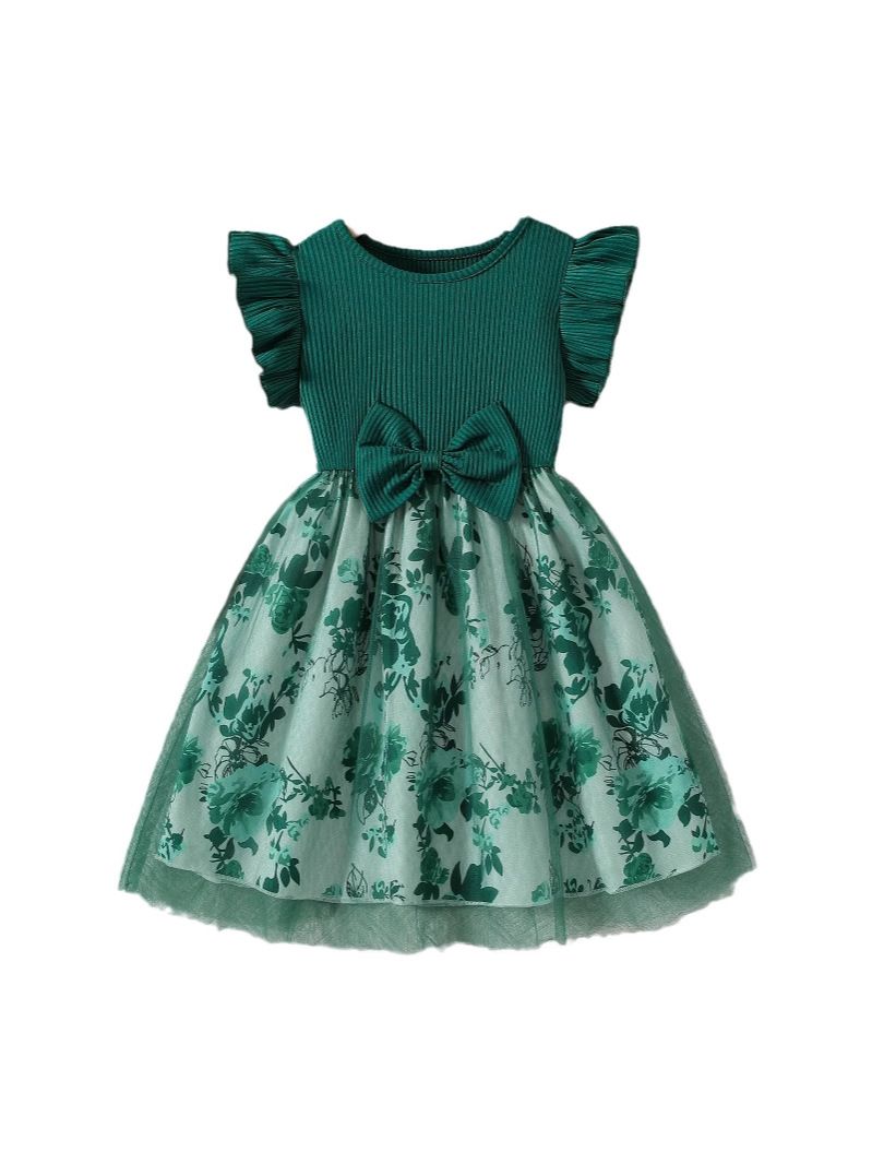Girls' Summer Style Flying Sleeve Fake Two Piece Bow Printed Splicing Fashion Girls' Dress