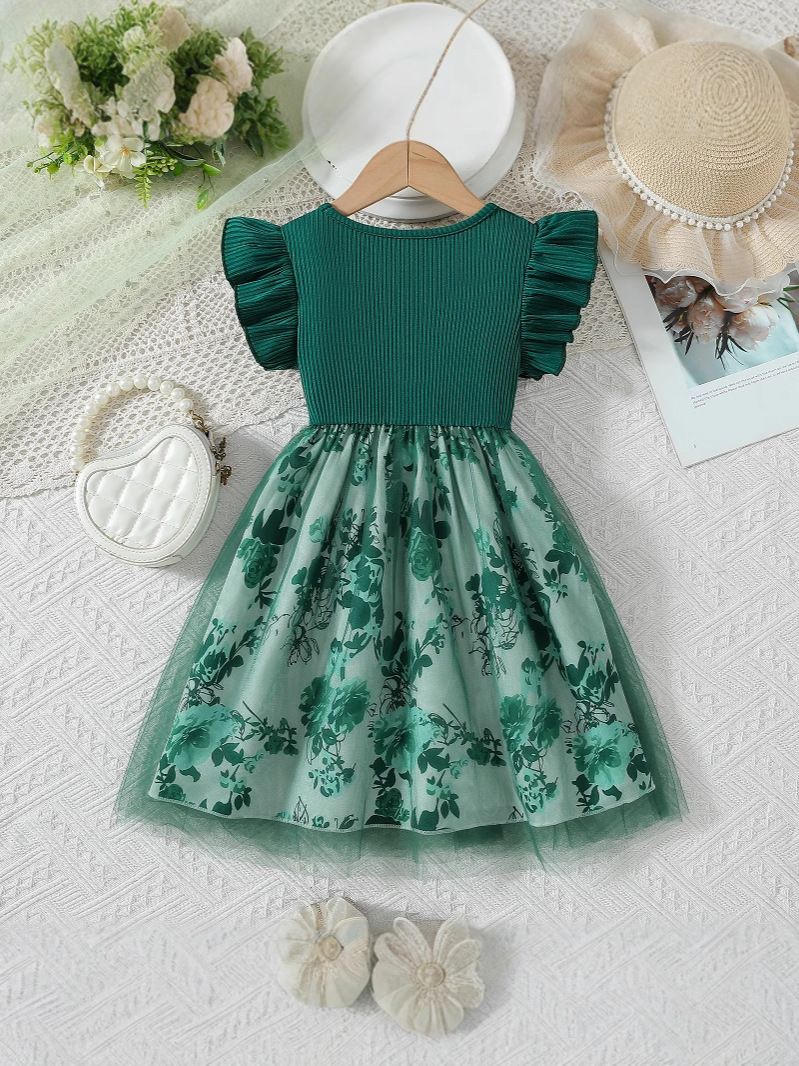 Girls' Summer Style Flying Sleeve Fake Two Piece Bow Printed Splicing Fashion Girls' Dress