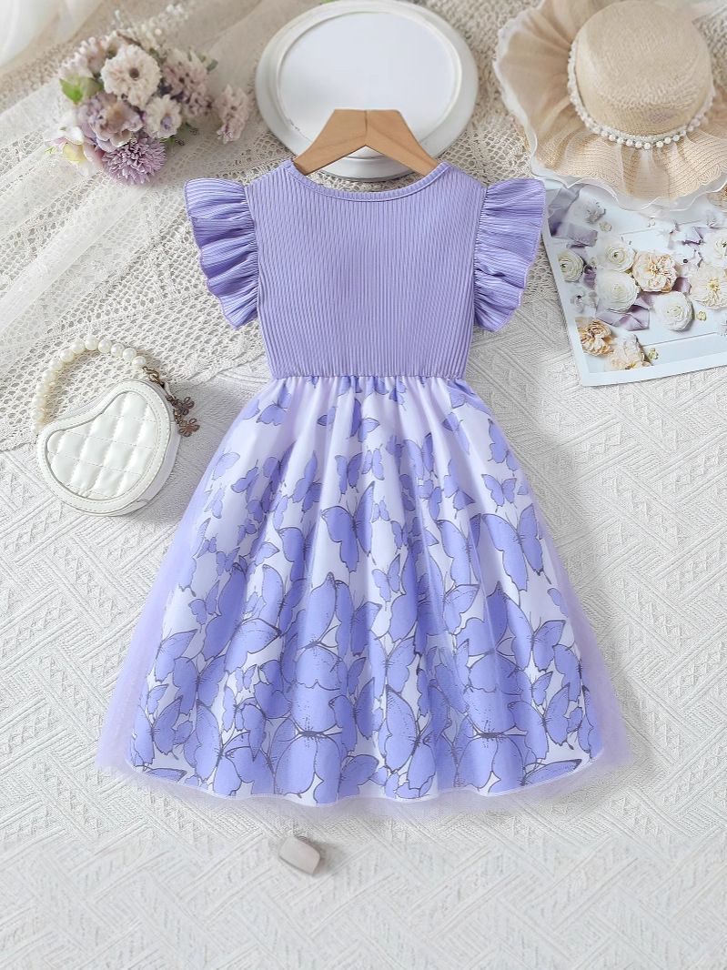 Girls' Summer Style Flying Sleeve Fake Two Piece Bow Printed Splicing Fashion Girls' Dress