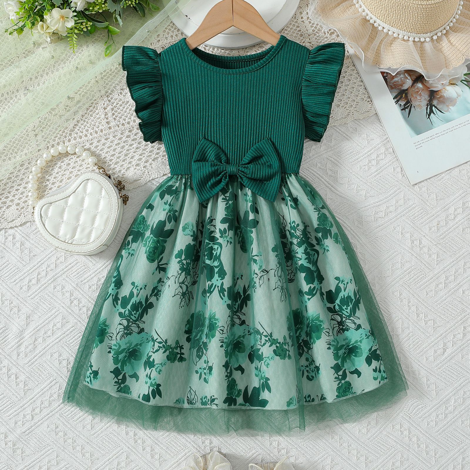 Girls' Summer Style Flying Sleeve Fake Two Piece Bow Printed Splicing Fashion Girls' Dress