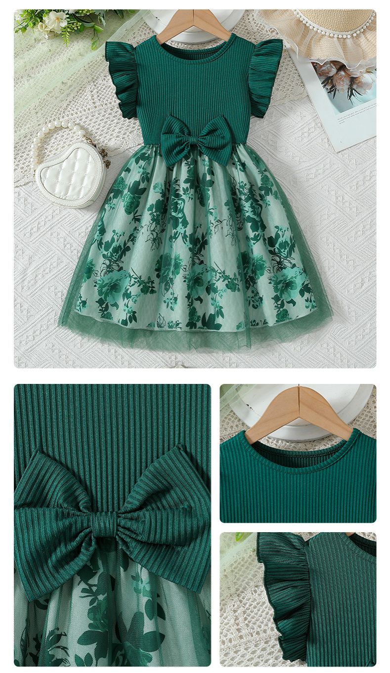 Girls' Summer Style Flying Sleeve Fake Two Piece Bow Printed Splicing Fashion Girls' Dress