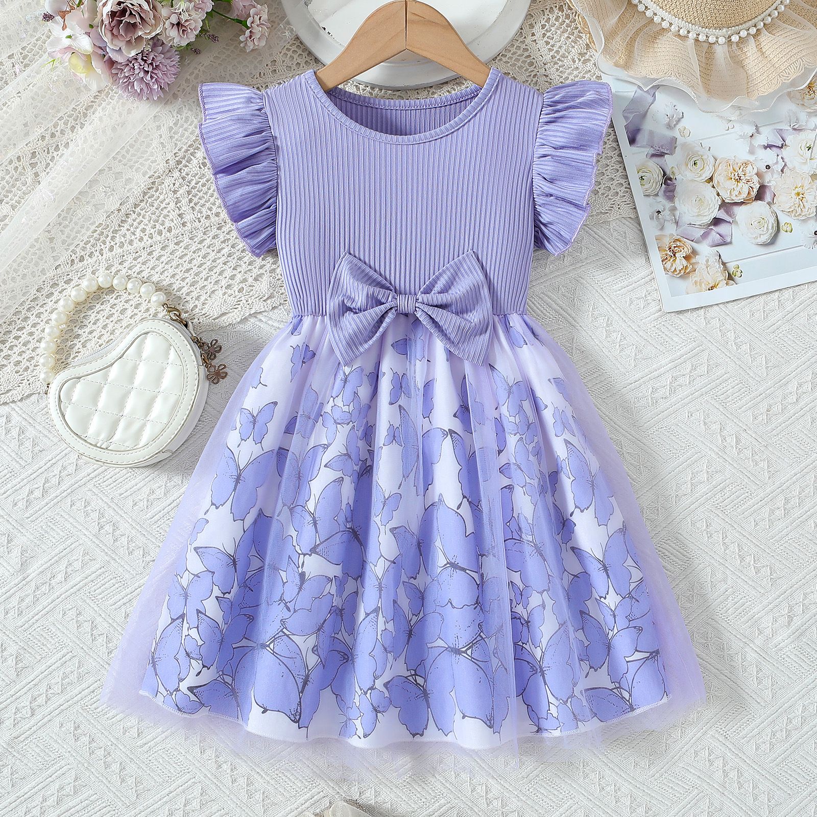 Girls' Summer Style Flying Sleeve Fake Two Piece Bow Printed Splicing Fashion Girls' Dress