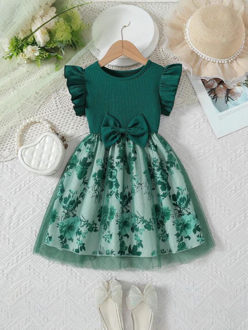 Girls' Summer Style Flying Sleeve Fake Two Piece Bow Printed Splicing Fashion Girls' Dress
