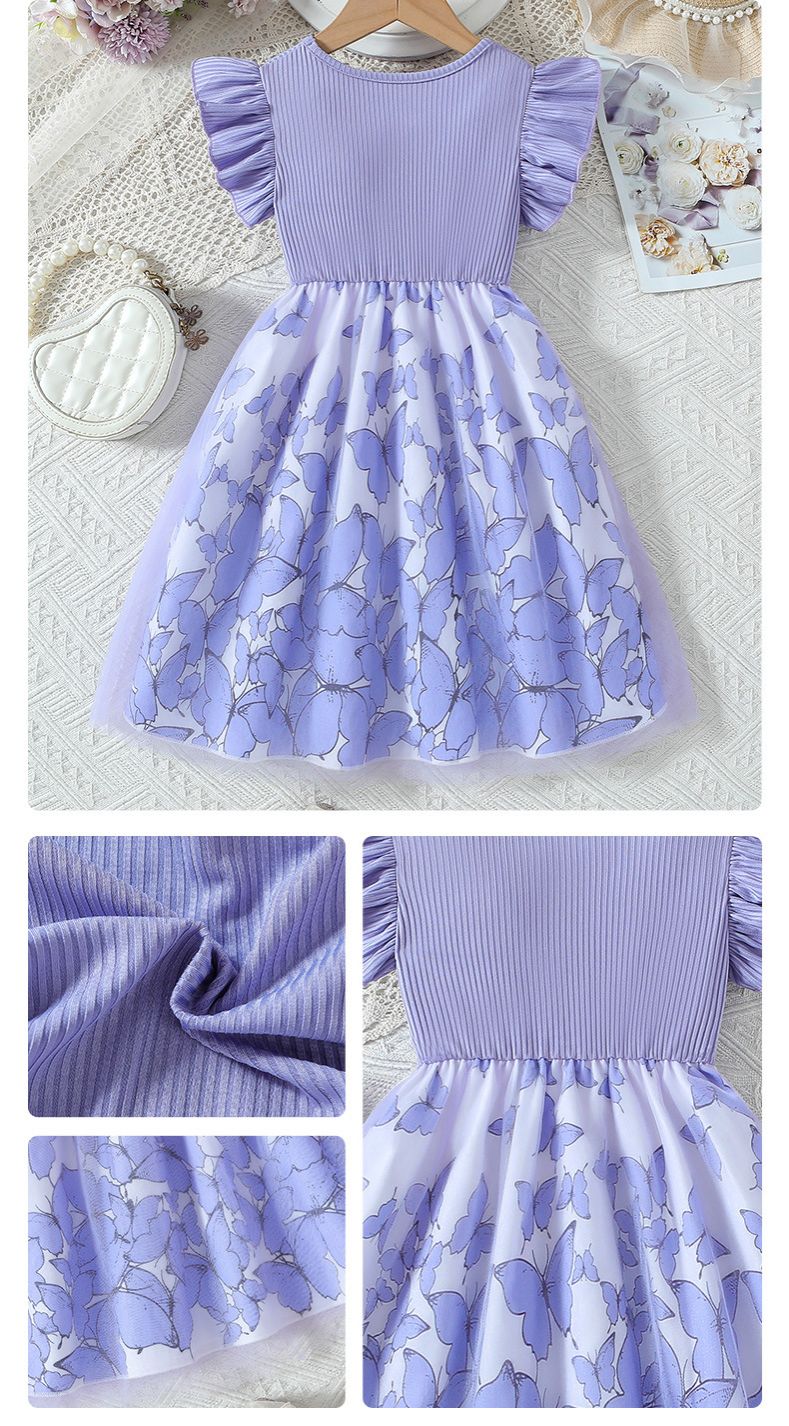 Girls' Summer Style Flying Sleeve Fake Two Piece Bow Printed Splicing Fashion Girls' Dress