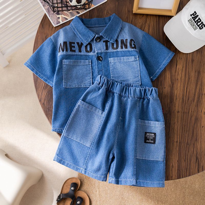 Children's set summer new denim short sleeved jacket+jeans Korean version children's clothing trendy children's denim children's set