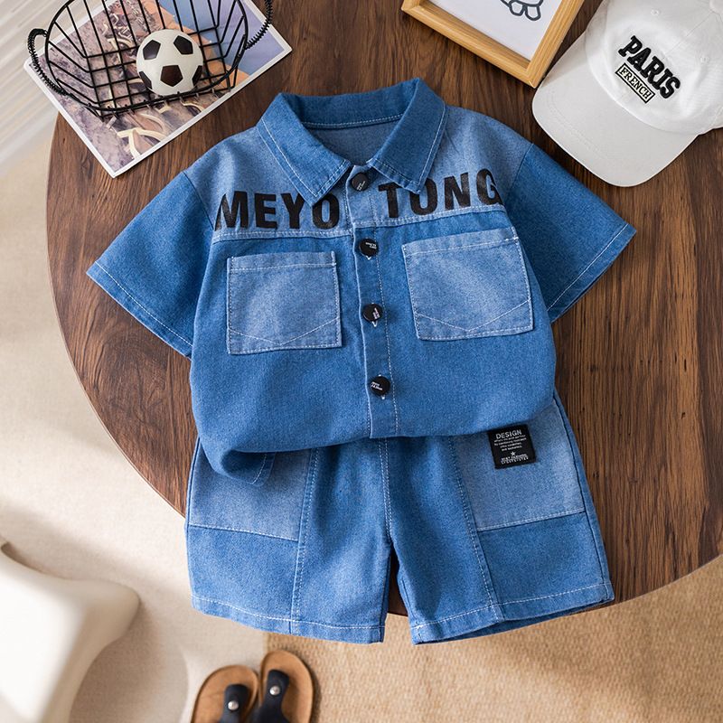 Children's set summer new denim short sleeved jacket+jeans Korean version children's clothing trendy children's denim children's set