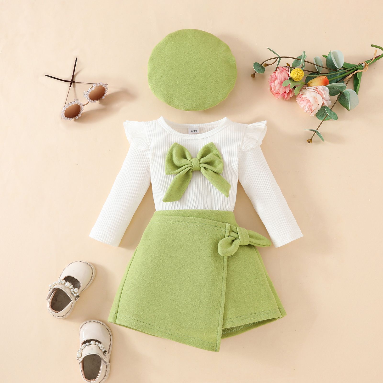Fashionable girl's beautiful clothes big bow beret+long sleeved top+skirt three piece set