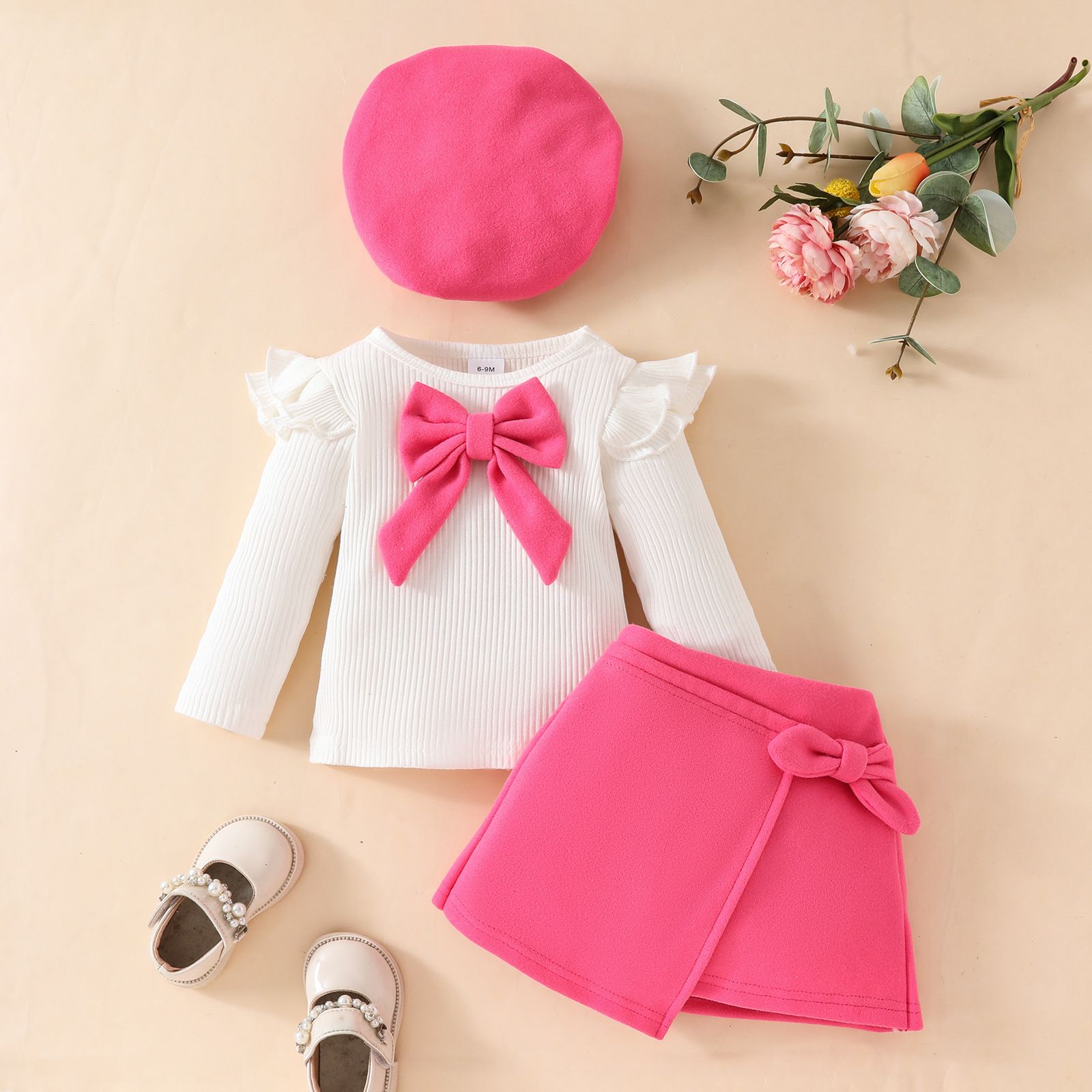 Fashionable girl's beautiful clothes big bow beret+long sleeved top+skirt three piece set