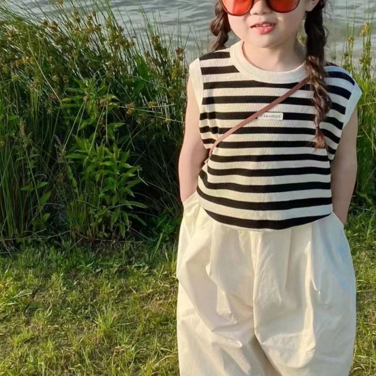 Summer new girls' striped casual suit, baby stylish striped T-shirt+pants two-piece set