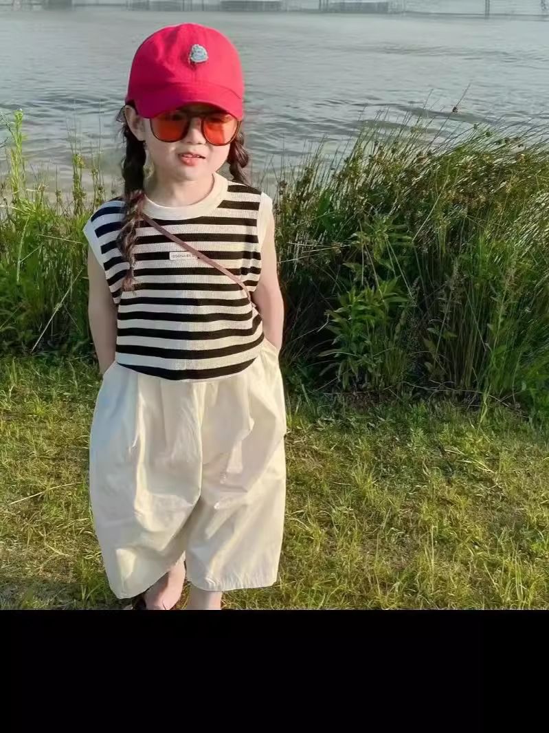 Summer new girls' striped casual suit, baby stylish striped T-shirt+pants two-piece set