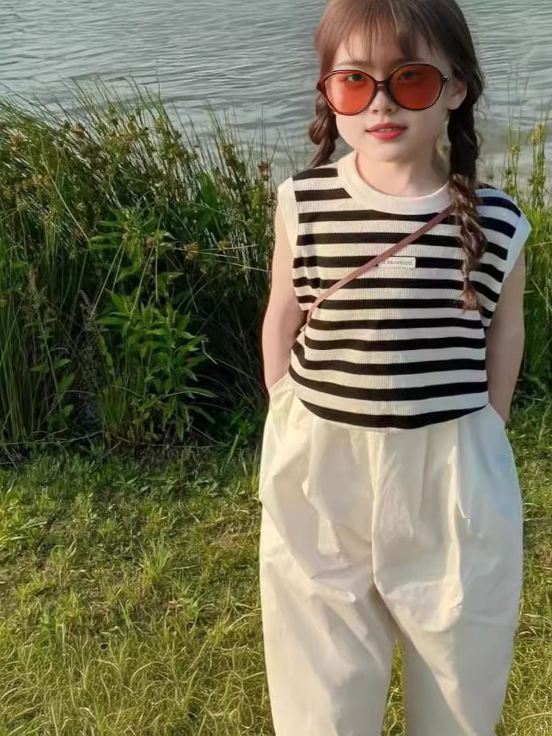 Summer new girls' striped casual suit, baby stylish striped T-shirt+pants two-piece set