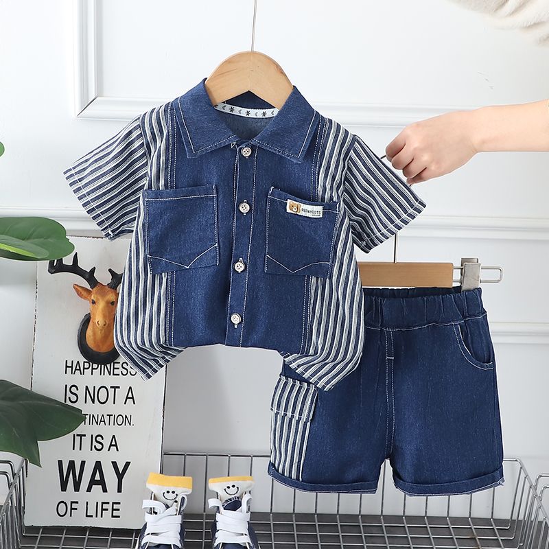 Infant Fashiont Bay Boys Denim Clothing Sets Summer Children Fashion Striped Shirts Shorts 2pcs Tracksuits Casual Outfits Suits