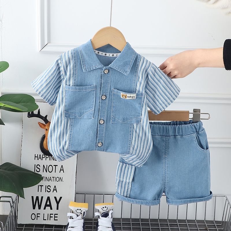 Infant Fashiont Bay Boys Denim Clothing Sets Summer Children Fashion Striped Shirts Shorts 2pcs Tracksuits Casual Outfits Suits