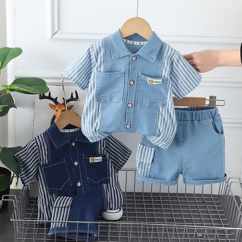 Infant Fashiont Bay Boys Denim Clothing Sets Summer Children Fashion Striped Shirts Shorts 2pcs Tracksuits Casual Outfits Suits