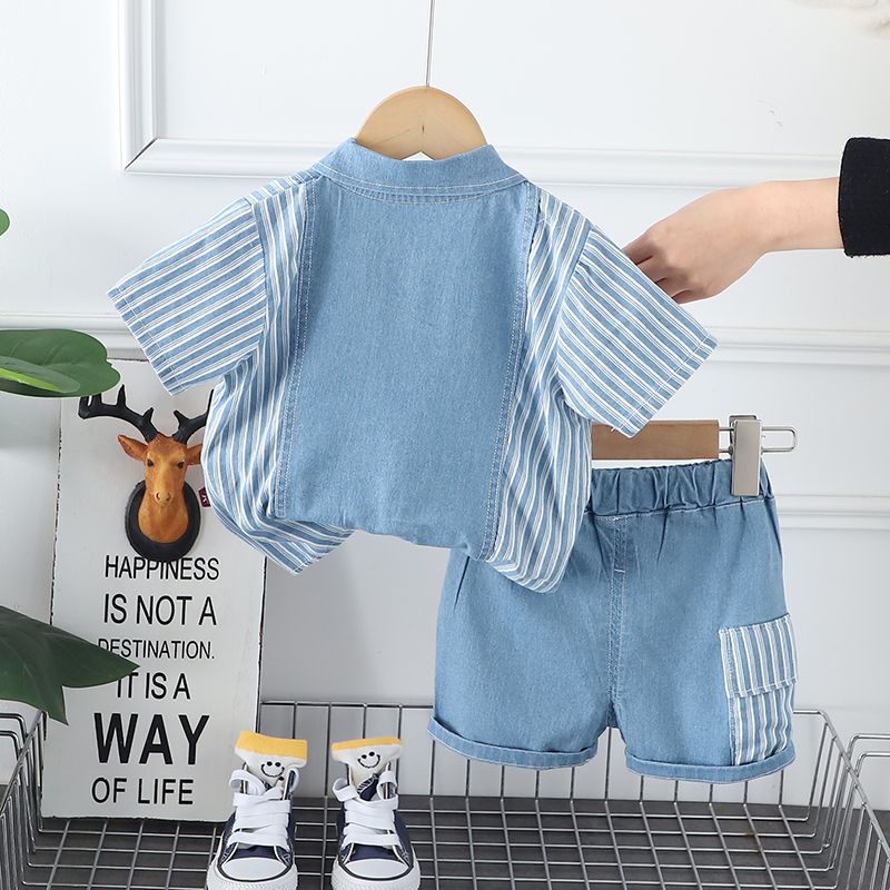 Infant Fashiont Bay Boys Denim Clothing Sets Summer Children Fashion Striped Shirts Shorts 2pcs Tracksuits Casual Outfits Suits