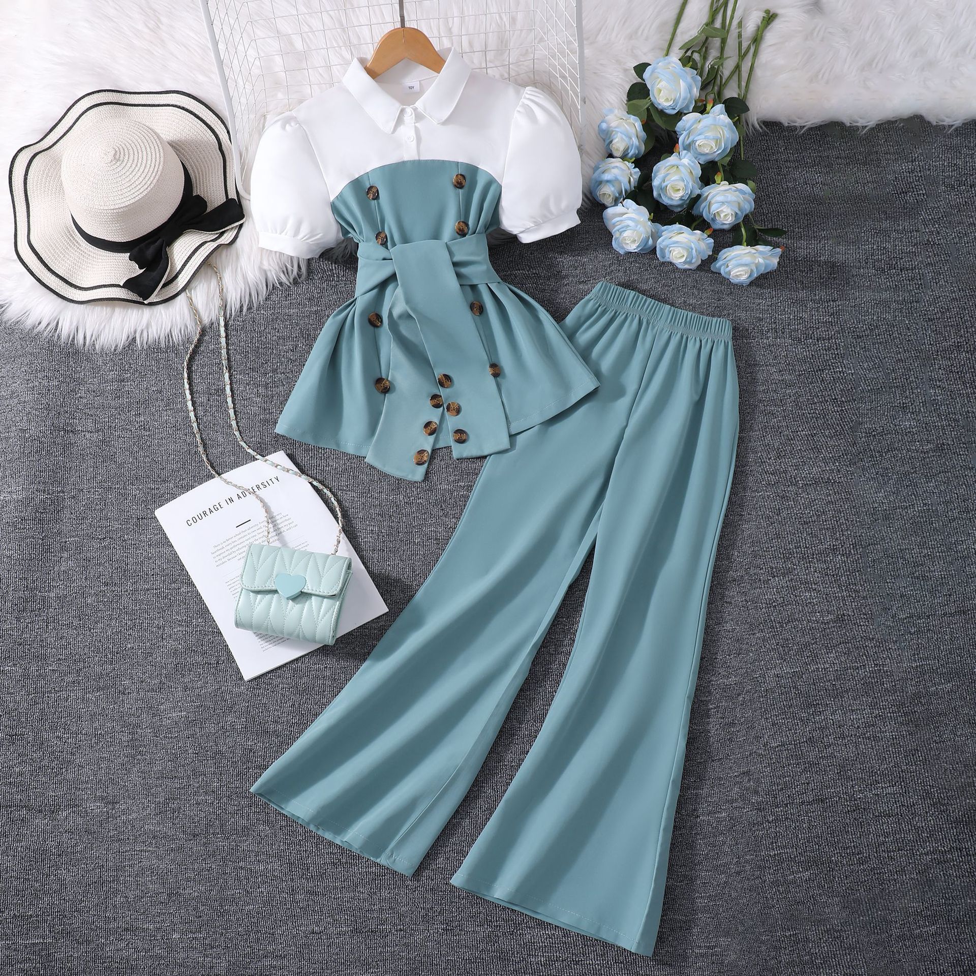 Summer new casual girls' clothing set, simple and dark color contrasting lapel bubble sleeve top+flared pants two-piece set