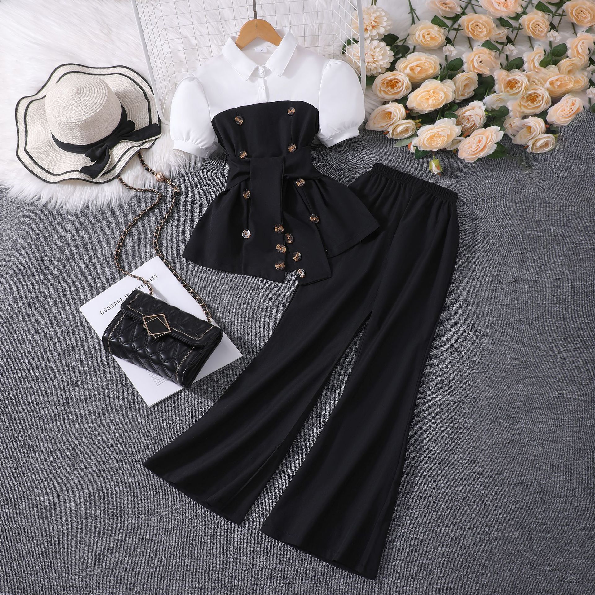 Summer new casual girls' clothing set, simple and dark color contrasting lapel bubble sleeve top+flared pants two-piece set