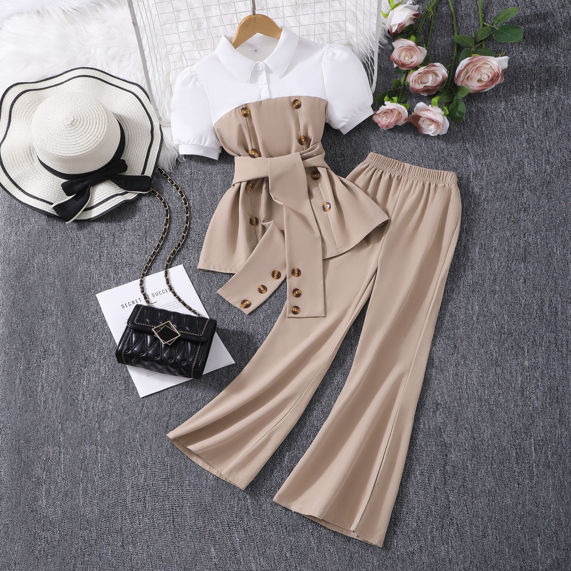 Summer new casual girls' clothing set, simple and dark color contrasting lapel bubble sleeve top+flared pants two-piece set