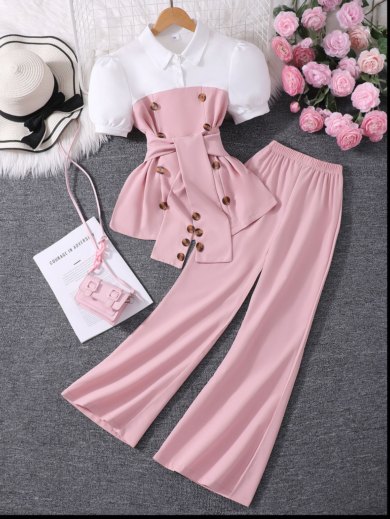 Summer new casual girls' clothing set, simple and dark color contrasting lapel bubble sleeve top+flared pants two-piece set
