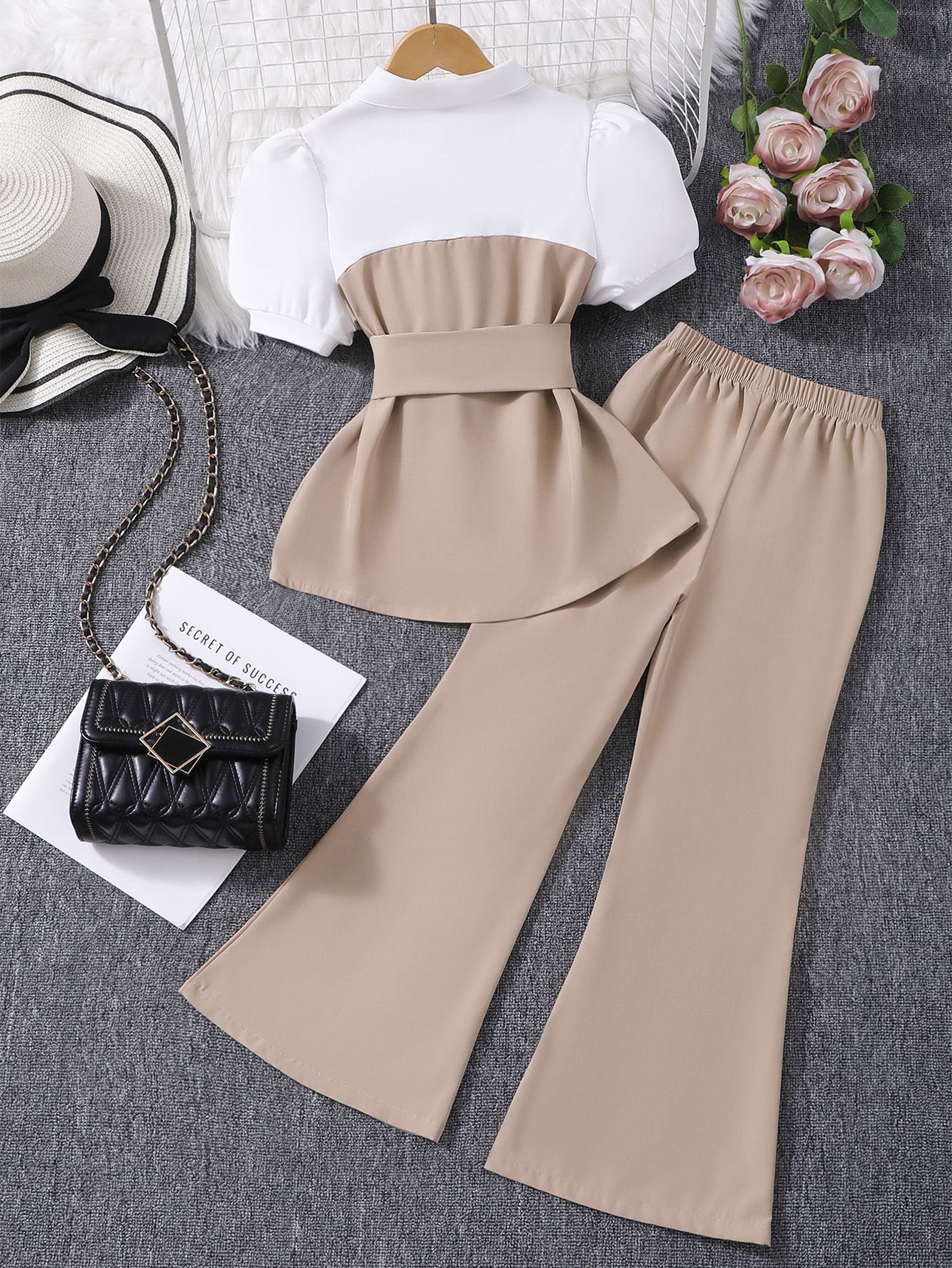 Summer new casual girls' clothing set, simple and dark color contrasting lapel bubble sleeve top+flared pants two-piece set