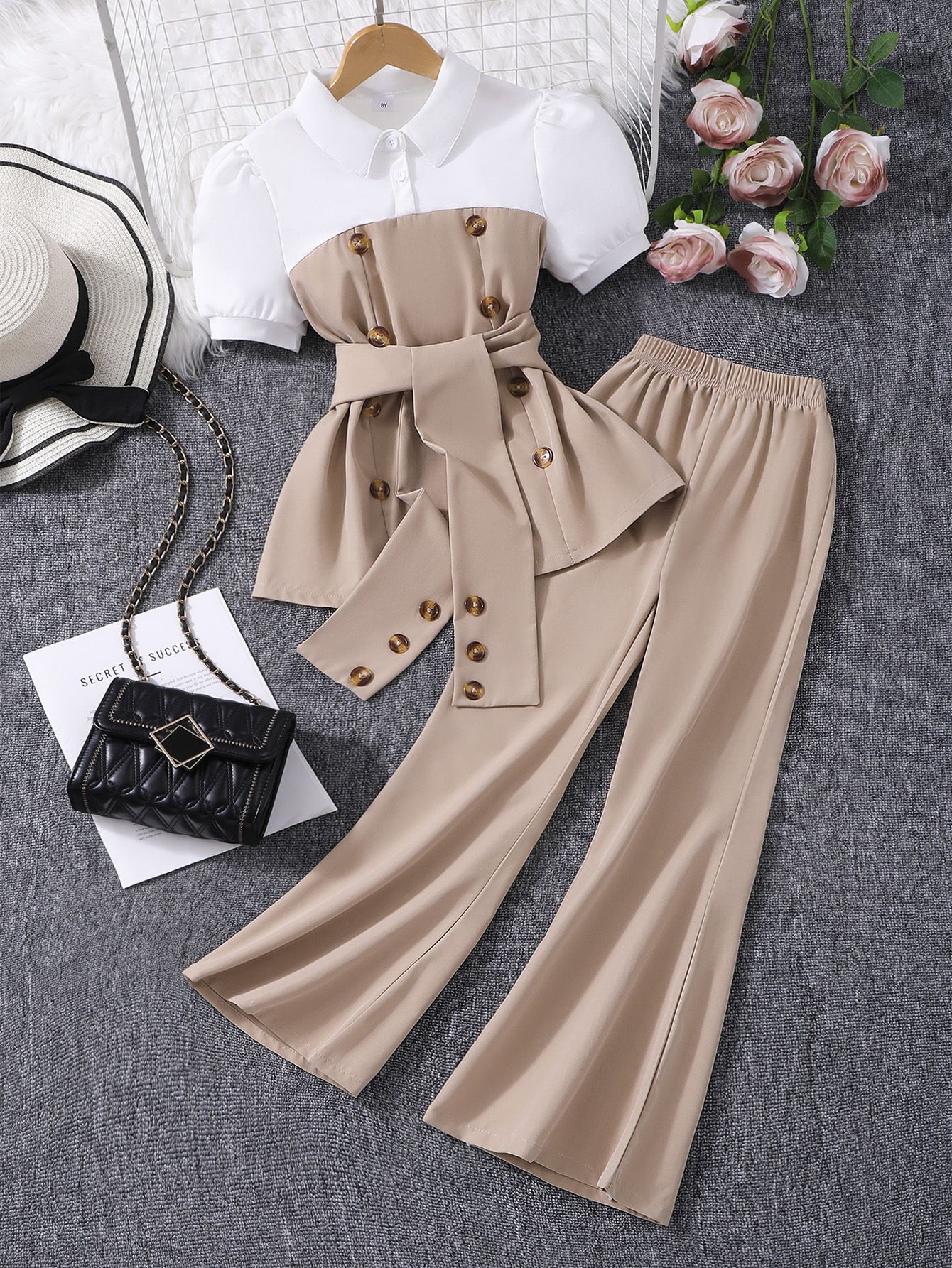 Summer new casual girls' clothing set, simple and dark color contrasting lapel bubble sleeve top+flared pants two-piece set
