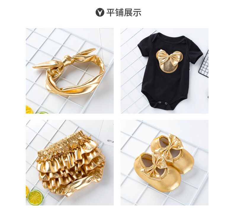 Black and white new baby short sleeved shirt gold PP pants set, newborn summer short sleeved bag fart jacket+walking shoes+hair accessories