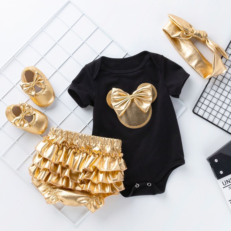 Black and white new baby short sleeved shirt gold PP pants set, newborn summer short sleeved bag fart jacket+walking shoes+hair accessories